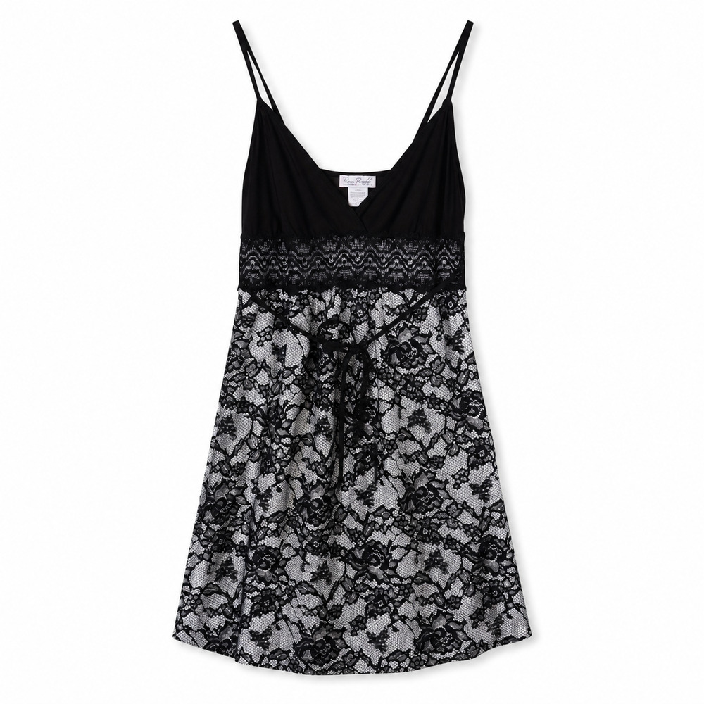 Linea Donatella Black Lace Print Chemise Nightgown Dress Size Large Lingerie